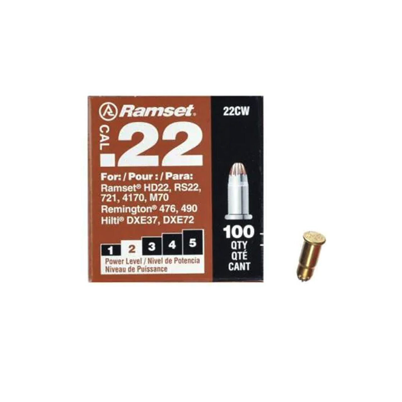 Go Build 0.22 Cal. Single Shot Brown Load (100/Pack): Brass cartridge for power tools, level 4, designed for concrete applications and compatible models. Brand: Go Build, The Fastest Way To Build.